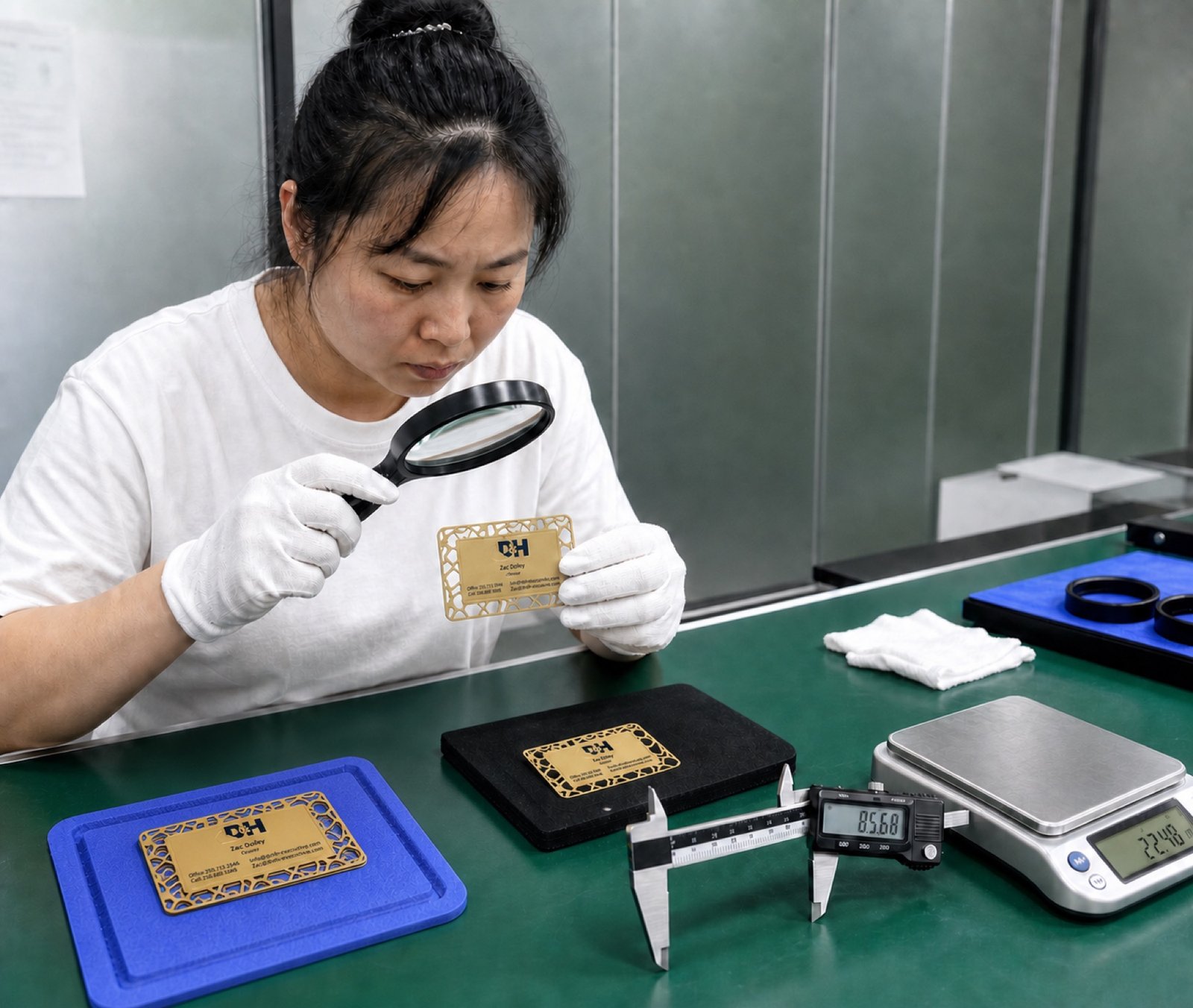 Inspector checking a finished metal card with magnification and calipers