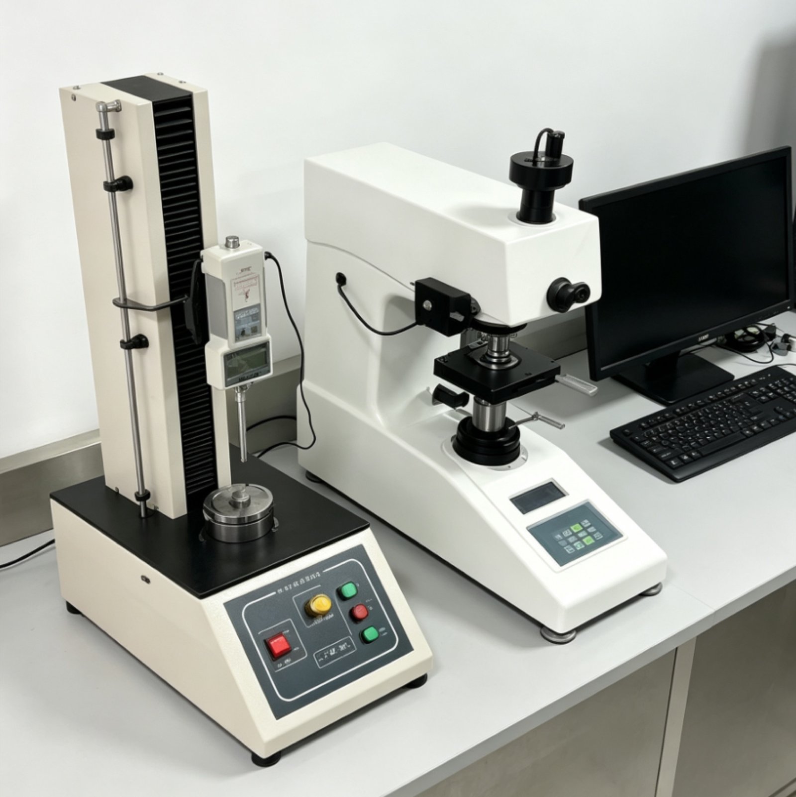 Microscope and material test equipment on an inspection bench