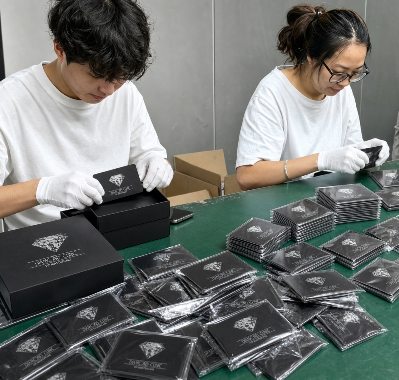 Team packing finished metal cards into presentation boxes