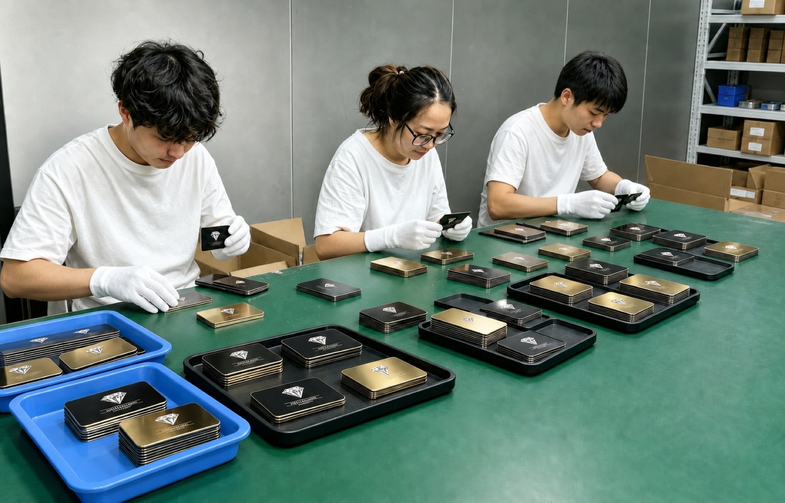Production team carrying out final visual inspection of metal cards
