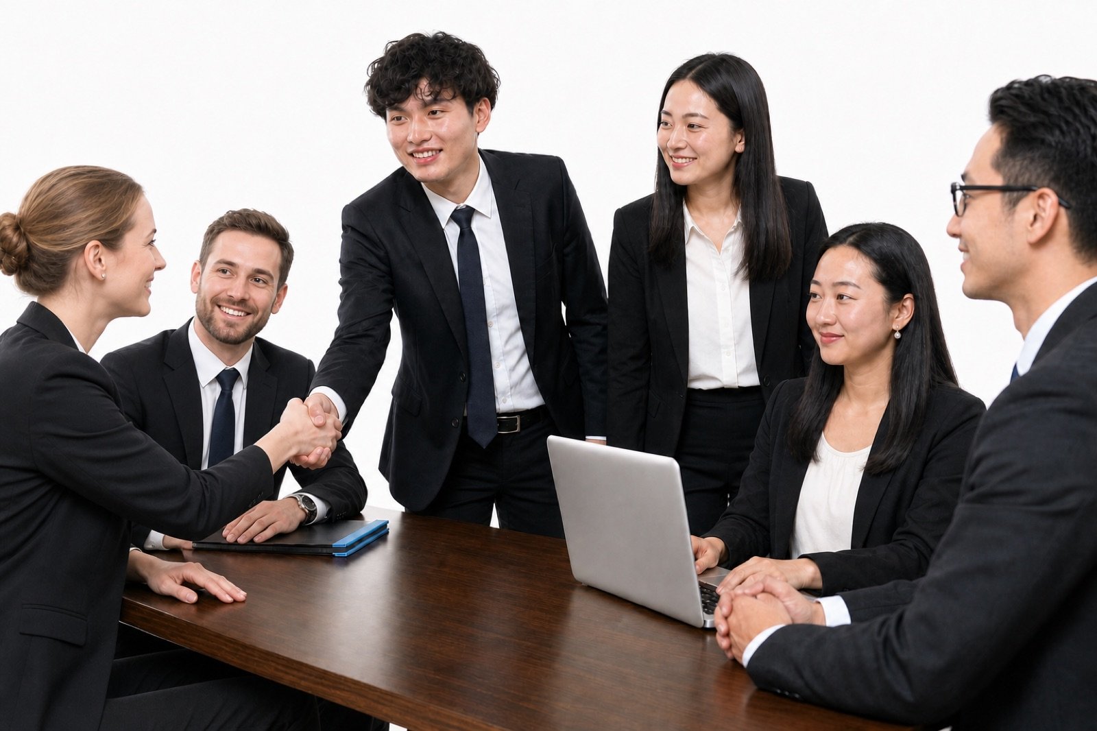 International business discussion around a shared project table
