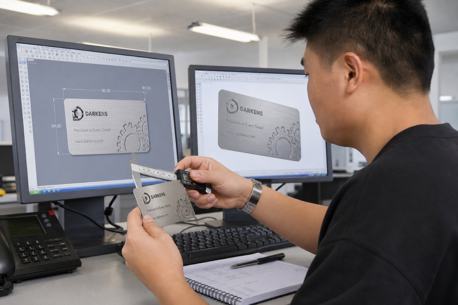 Designer comparing a metal card sample with production artwork