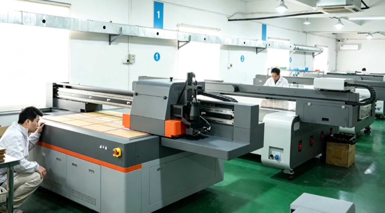 Wide production hall with organized workstations and material handling