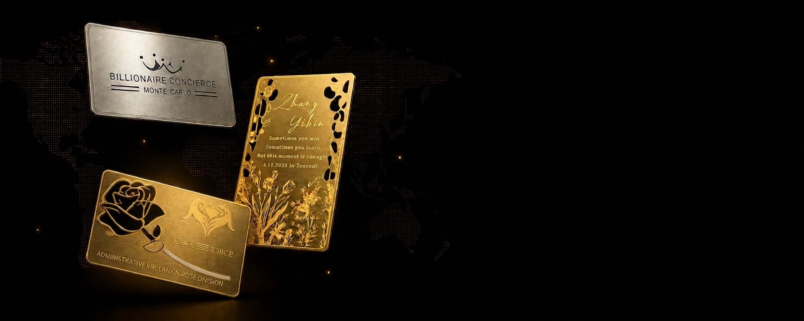 Gold and silver custom metal cards displayed over a dark world map